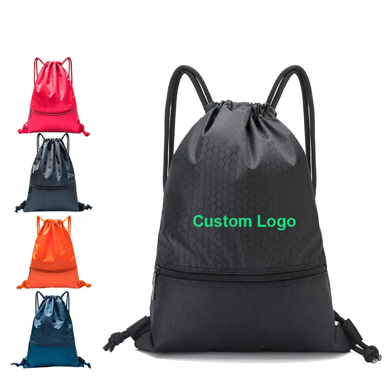 Aangepaste logo promotie geschenken gesublimeerde gedrukte nylon polyester drawpack backpack rits ritssluiting